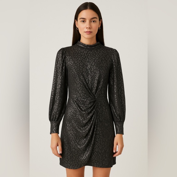 Calvin Klein Metallic Silver-Long Sleeve Party Dress – Ruched Cocktail Mini - Picture 1 of 9